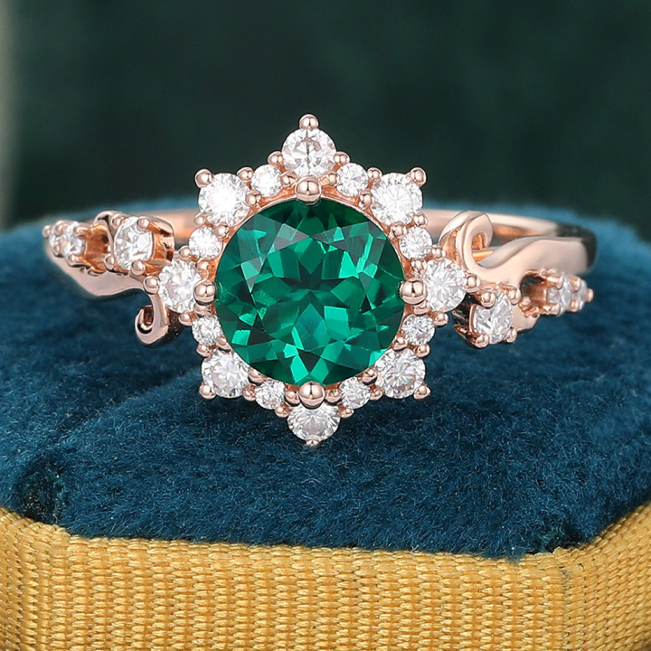 Emerald Engagement Ring Halo Vintage Bridal Ring