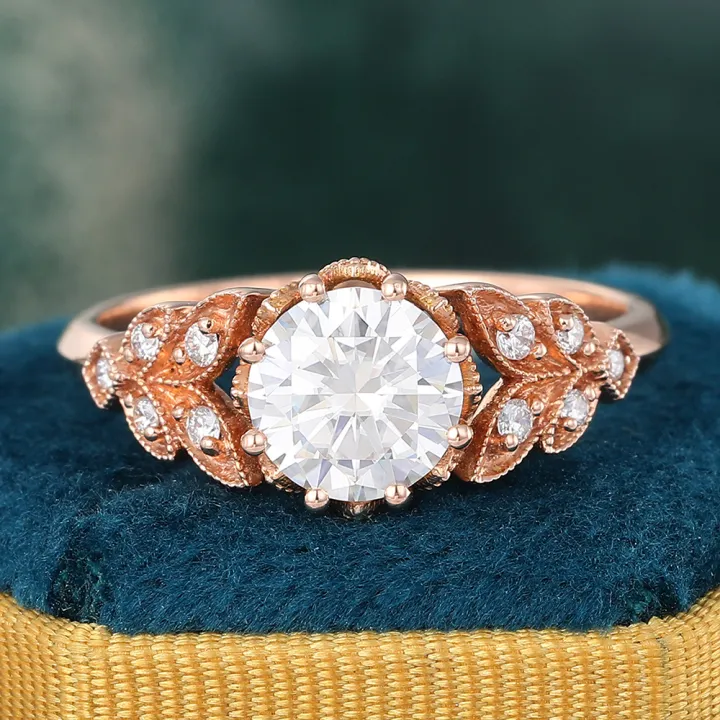 Round Cut Moissanite Engagement Ring Nature Inspired Antique Navette Diamond Ring