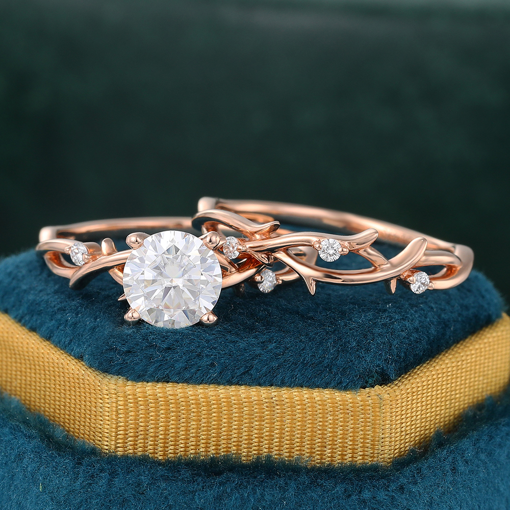 Juyoyo Round Cut Moissanite Engagement Ring Set Nature Inspired Ring Set in 14K Rose Gold - 2pcs
