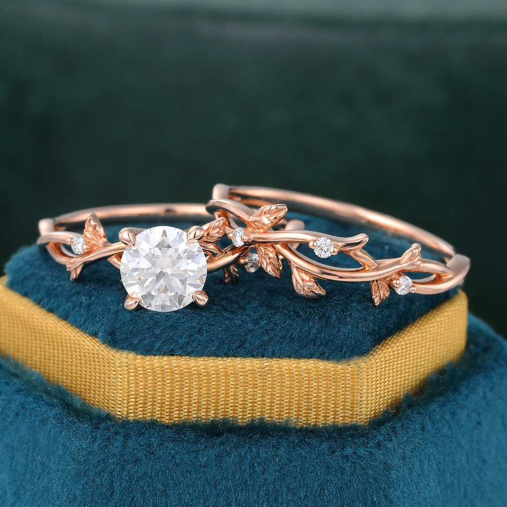 Juyoyo Nature Inspired Unique Round Cut Moissanite Leafy Bridal Ring Sets for Women - 2pcs