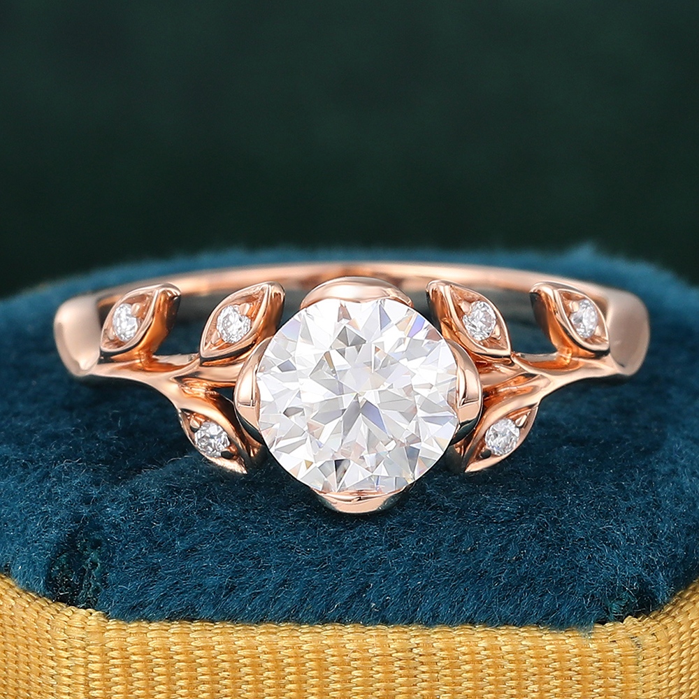 Juyoyo Round Cut Moissanite Engagement Ring Leaf Nature Inspired Diamond Ring 14K Rose Gold