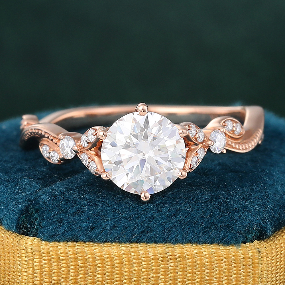 Juyoyo 14K Rose Gold Round Moissanite Engagement Ring Vintage Twisted Diamond Ring for Women