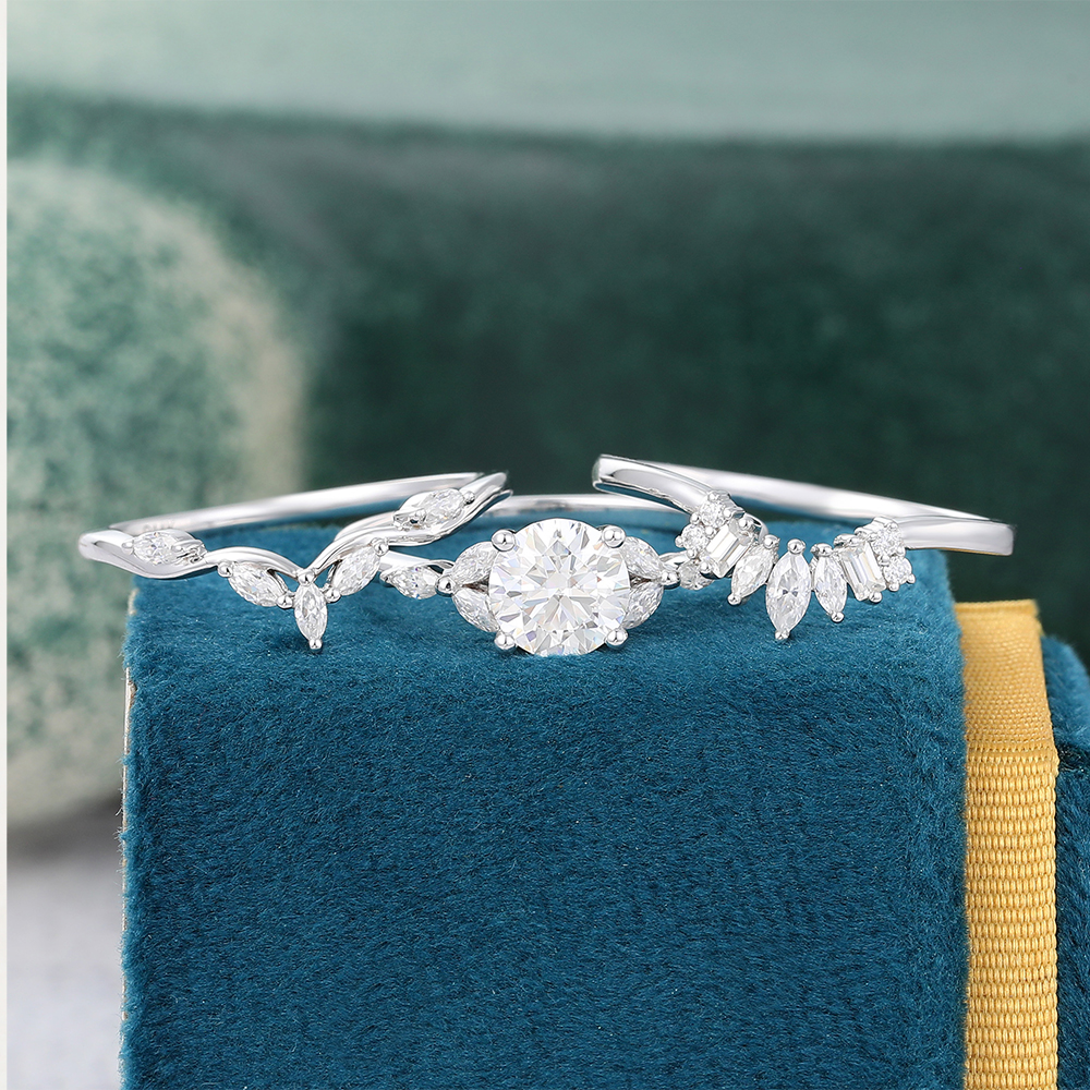 Juyoyo Moissanite Wedding Ring Set Diamond Cluster Bridal Ring Set in White Gold - 3pcs