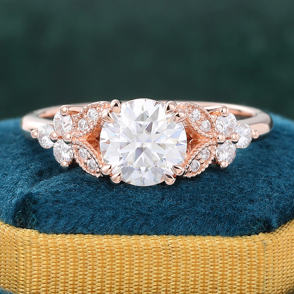 Vintage Modified Sakura Cut Moissanite Engagement Ring Diamond Cluster Milgrain Bridal Ring