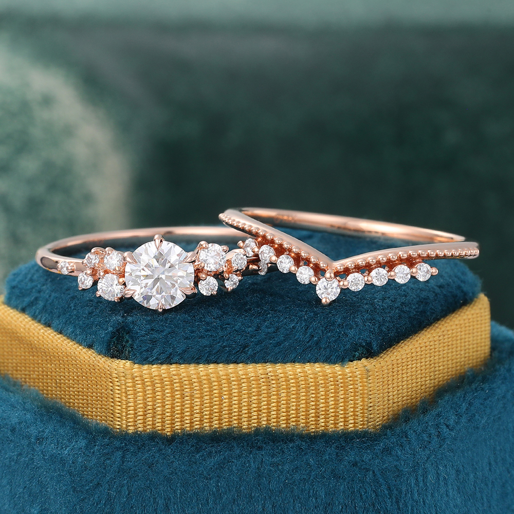 Juyoyo Rose Gold Moissanite Bridal Ring Set Art Deco Engagement Ring Set for Women - 2pcs