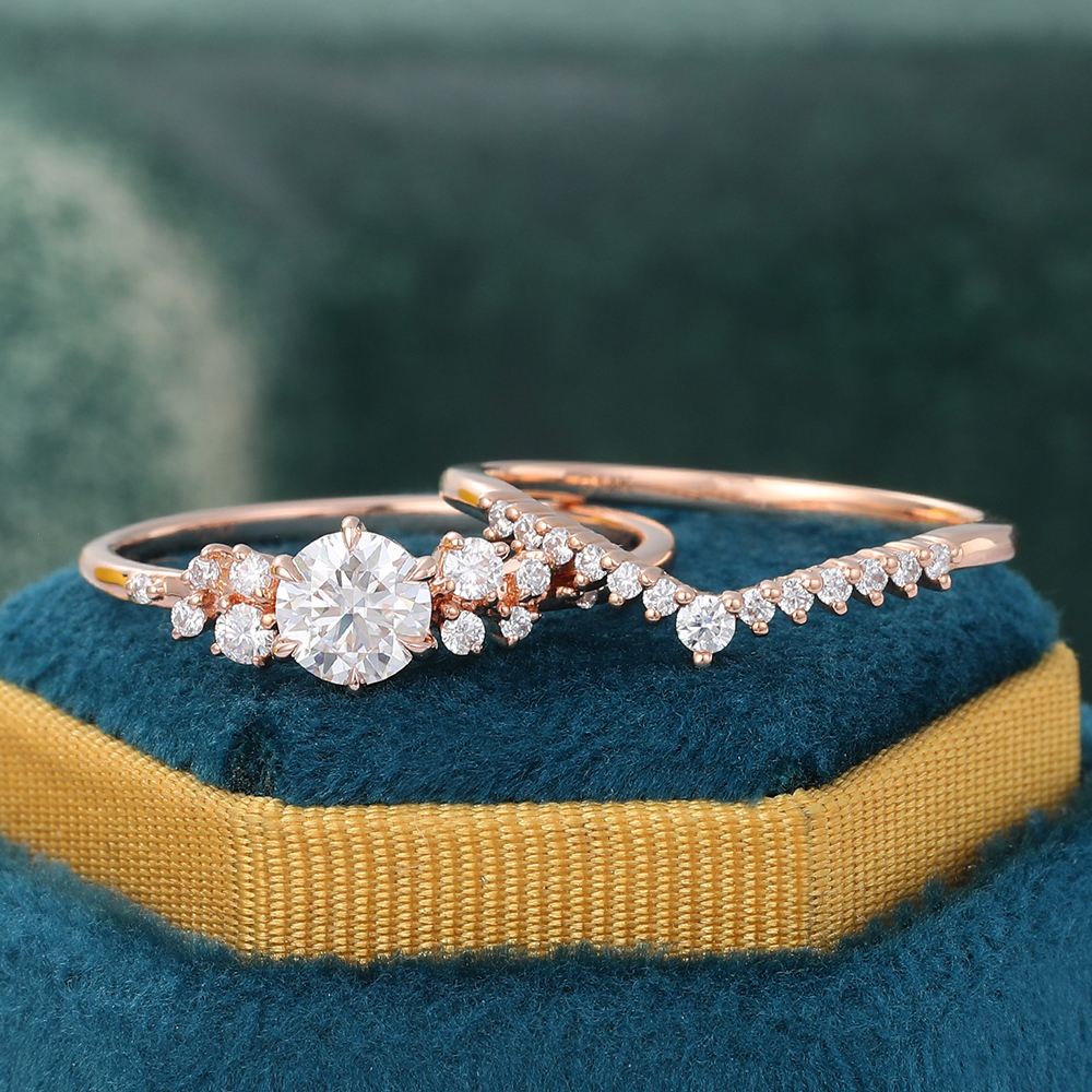 Juyoyo Vintage Moissanite Bridal Ring Set Rose Gold Diamond Cluster Engagement Ring Set - 2pcs