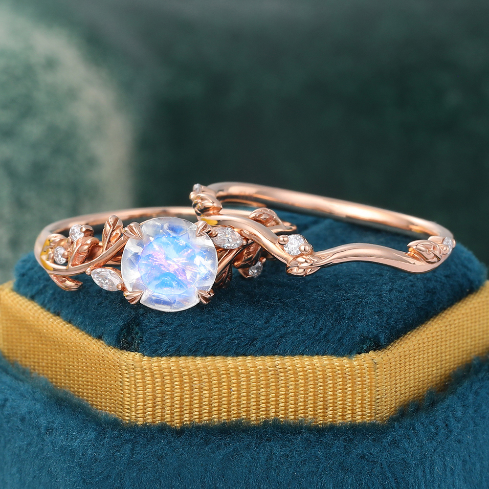 Juyoyo Nature Inspired Vine and Leaf Moonstone Engagement Ring Set - 2pcs