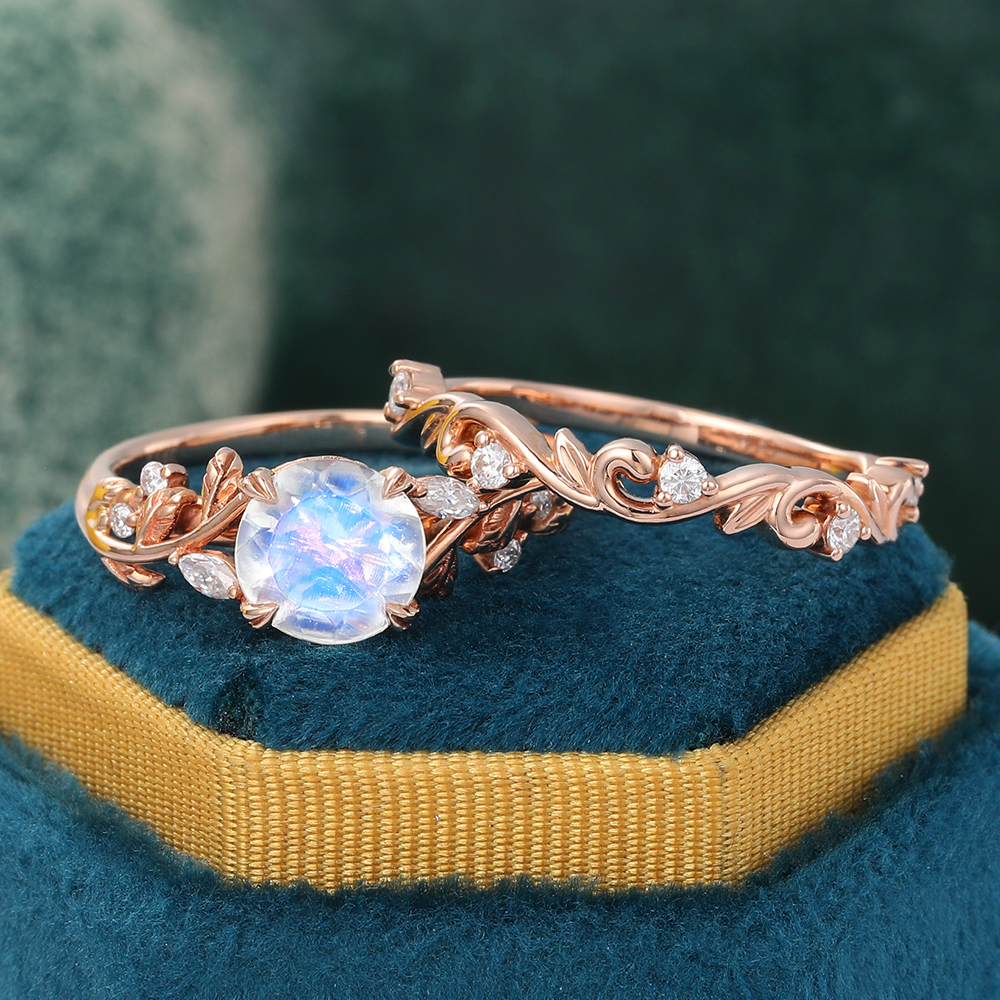 Juyoyo Nature-Inspired Secret Garden Moonstone Wedding Ring Set - 2pcs