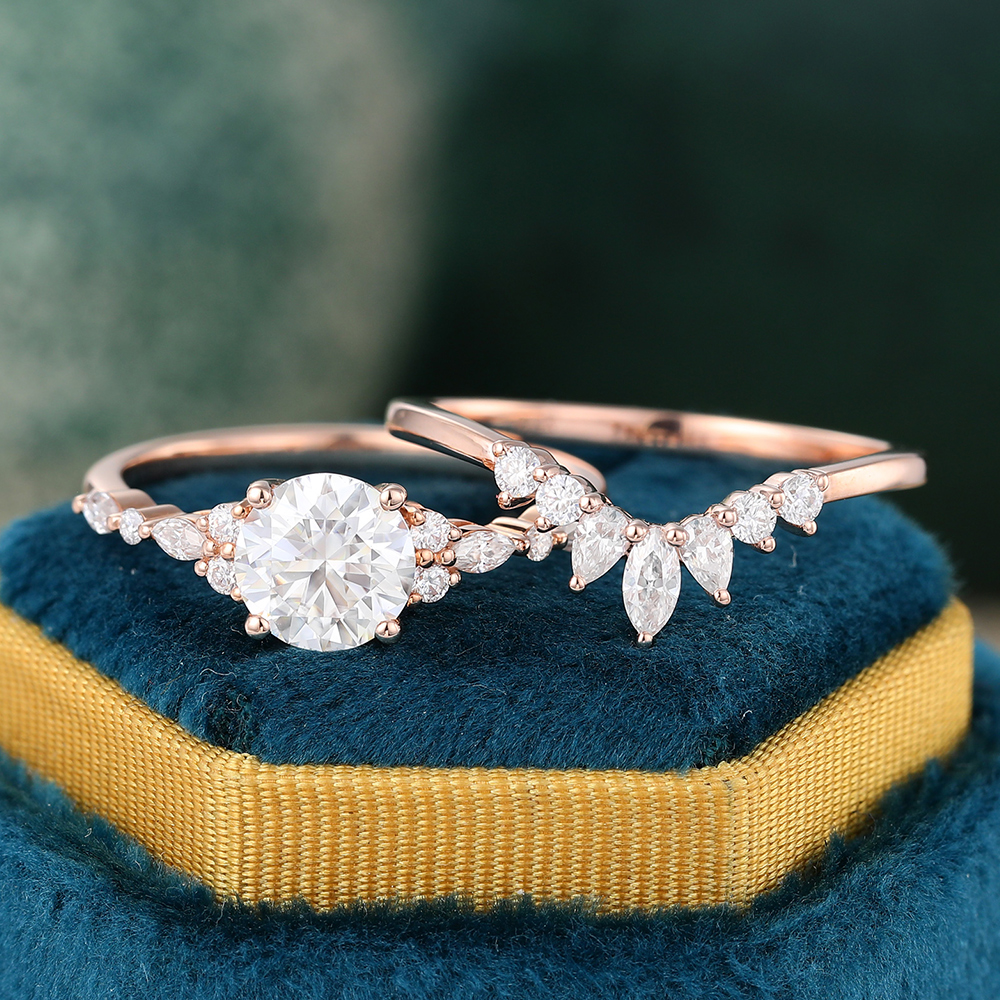 Juyoyo Moissanite Engagement Set Vintage Rose Gold Moissanite Wedding Set for Women - 2pcs