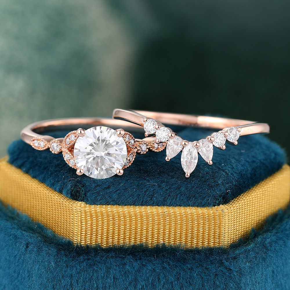 Juyoyo Rose Gold Round Cut Moissanite Wedding Ring Set Vintage Bridal Ring Set - 2pcs