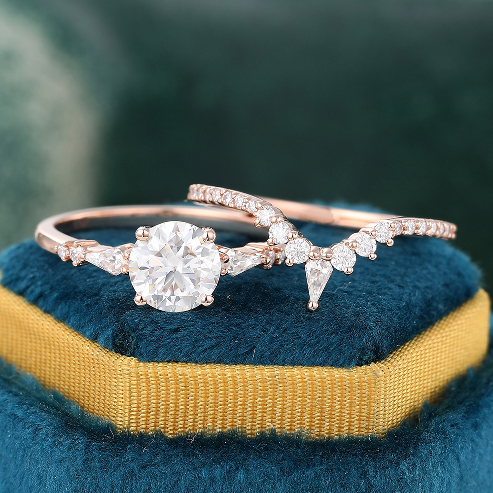 Juyoyo Vintage Moissanite Bridal Ring Set 14K Rose Gold Pave Diamond Ring Set for Women - 2pcs