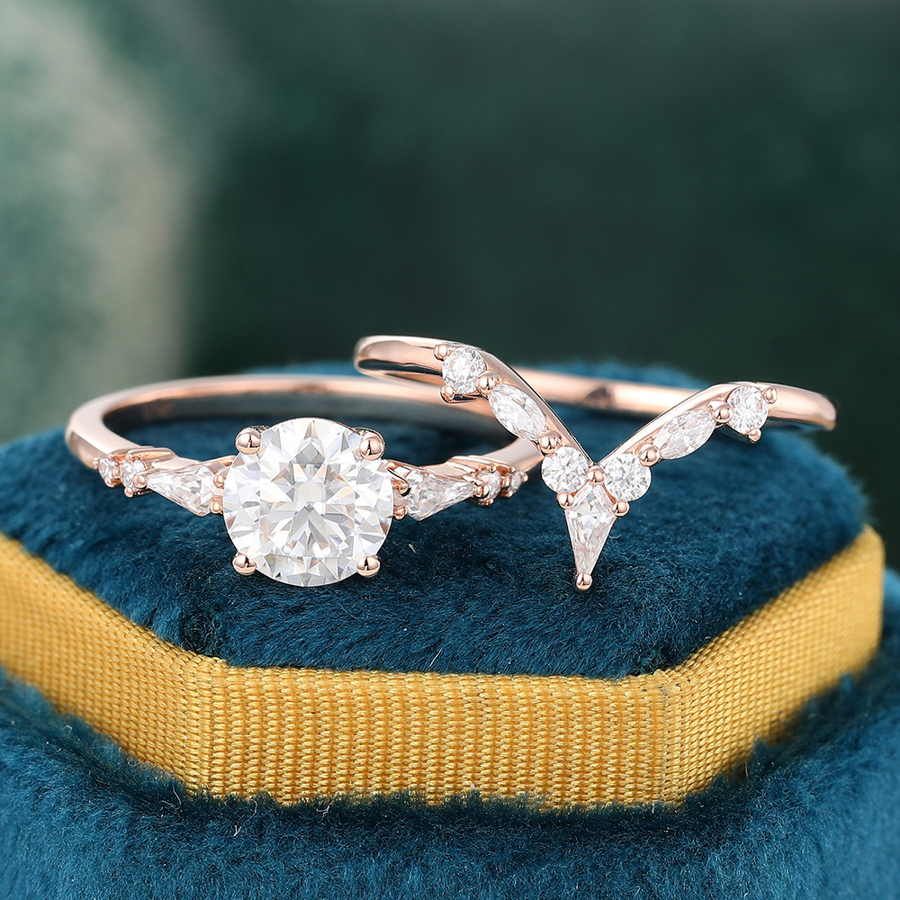 Juyoyo Rose Gold Moissanite Wedding Ring Set Vintage Bridal Ring Set Anniversary Promise Ring - 2pcs