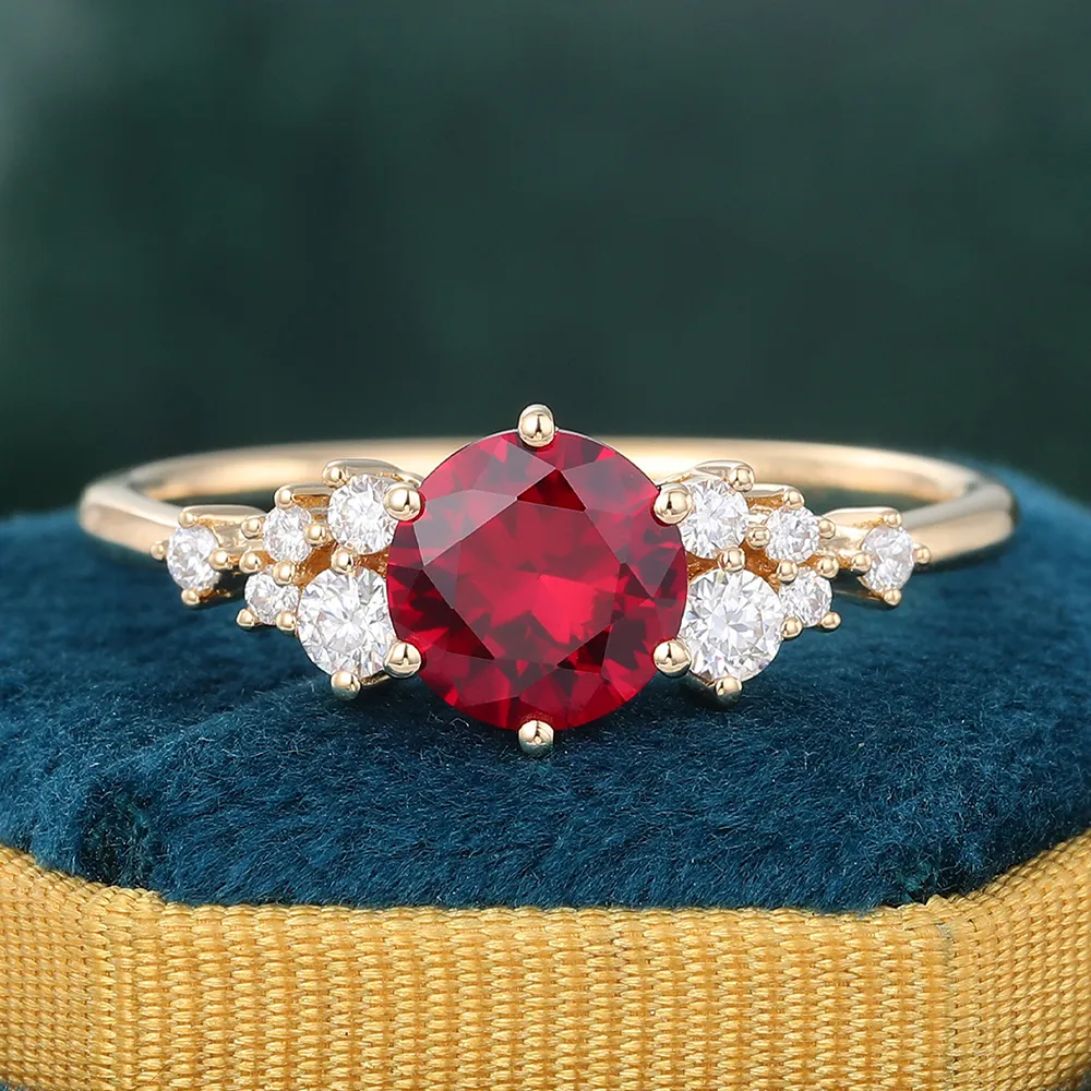 Round Cut Ruby Engagement Ring 14K Gold Diamond Cluster Bridal Ring for Women