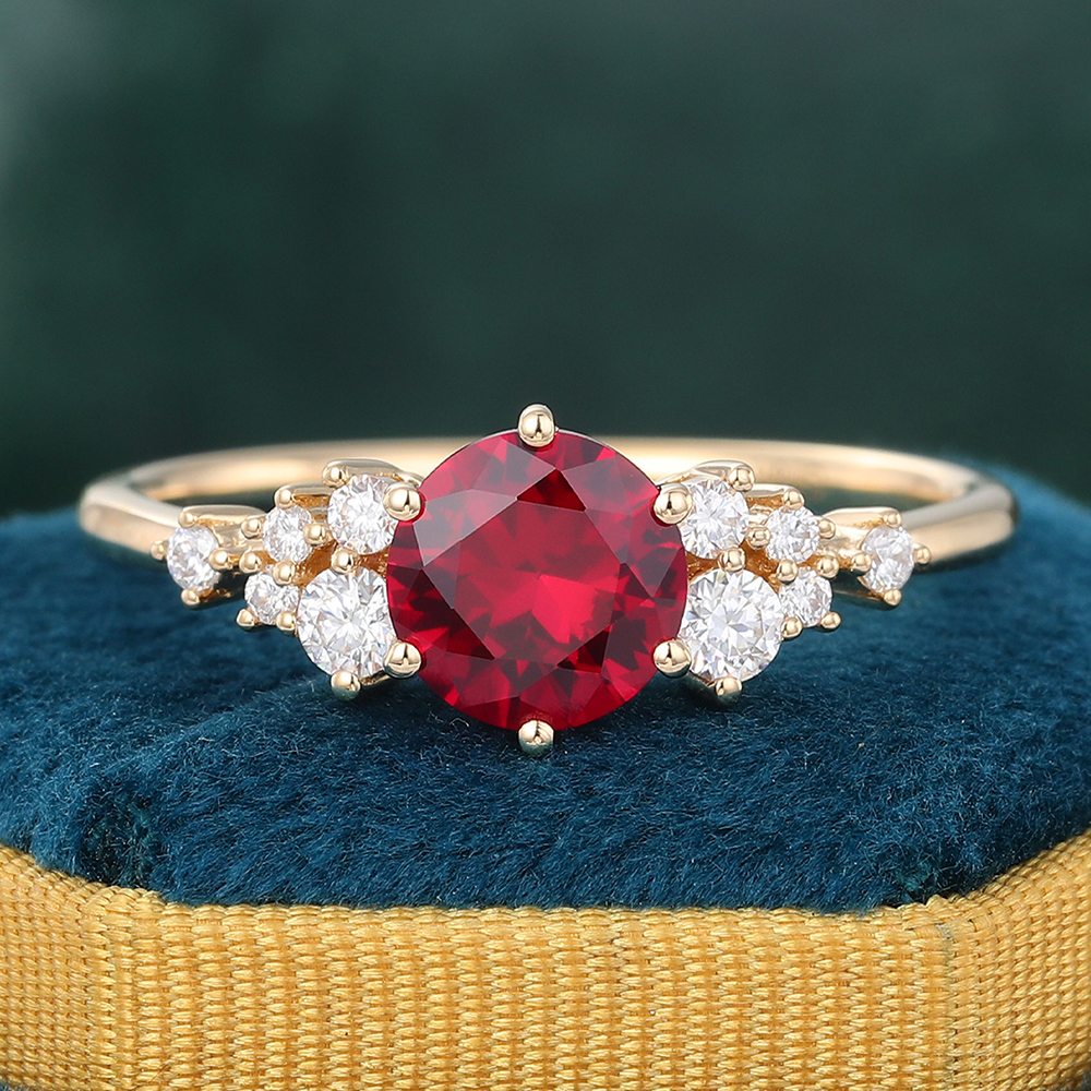 Juyoyo Round Cut Ruby Engagement Ring 14K Gold Diamond Cluster Bridal Ring for Women