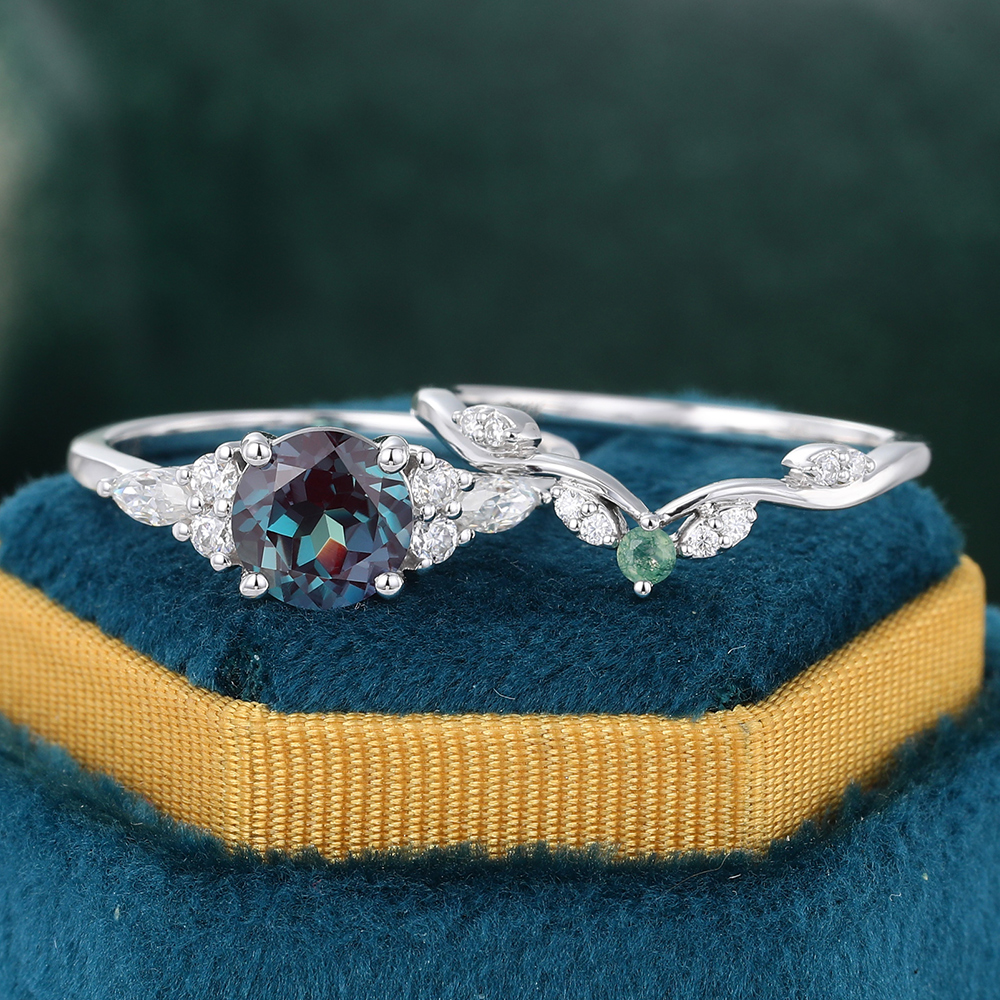 Juyoyo Alexandrite Engagement Ring Set Vintage Wedding Ring Set with Moss Agate Wedding Band - 2pcs