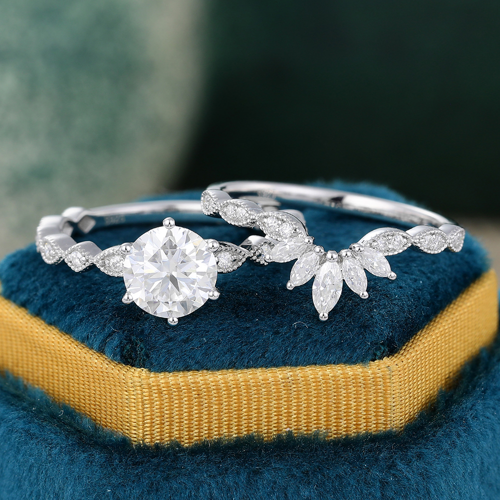 Juyoyo 1ct Moissanite White gold Milgrain Engagement Ring Set