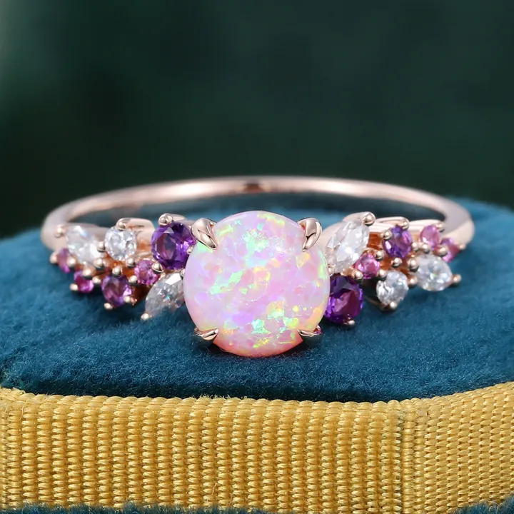 Round Cut Pink Opal Engagement Ring Sapphire Amethyst Moissanite Cluster Promise Ring