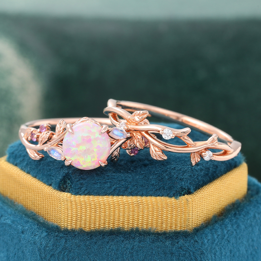 Juyoyo Round Pink Opal Wedding Ring Set Vine Nature Inspired Engagement Ring Set Rose Gold