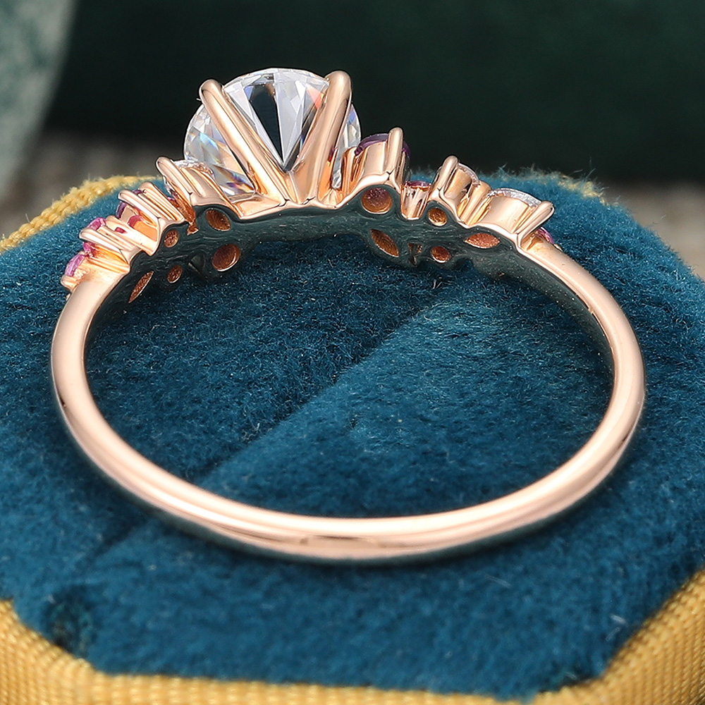 Juyoyo Round Cut Moissanite Engagement Ring Rose Gold Amethyst Sapphire Cluster Bridal Ring