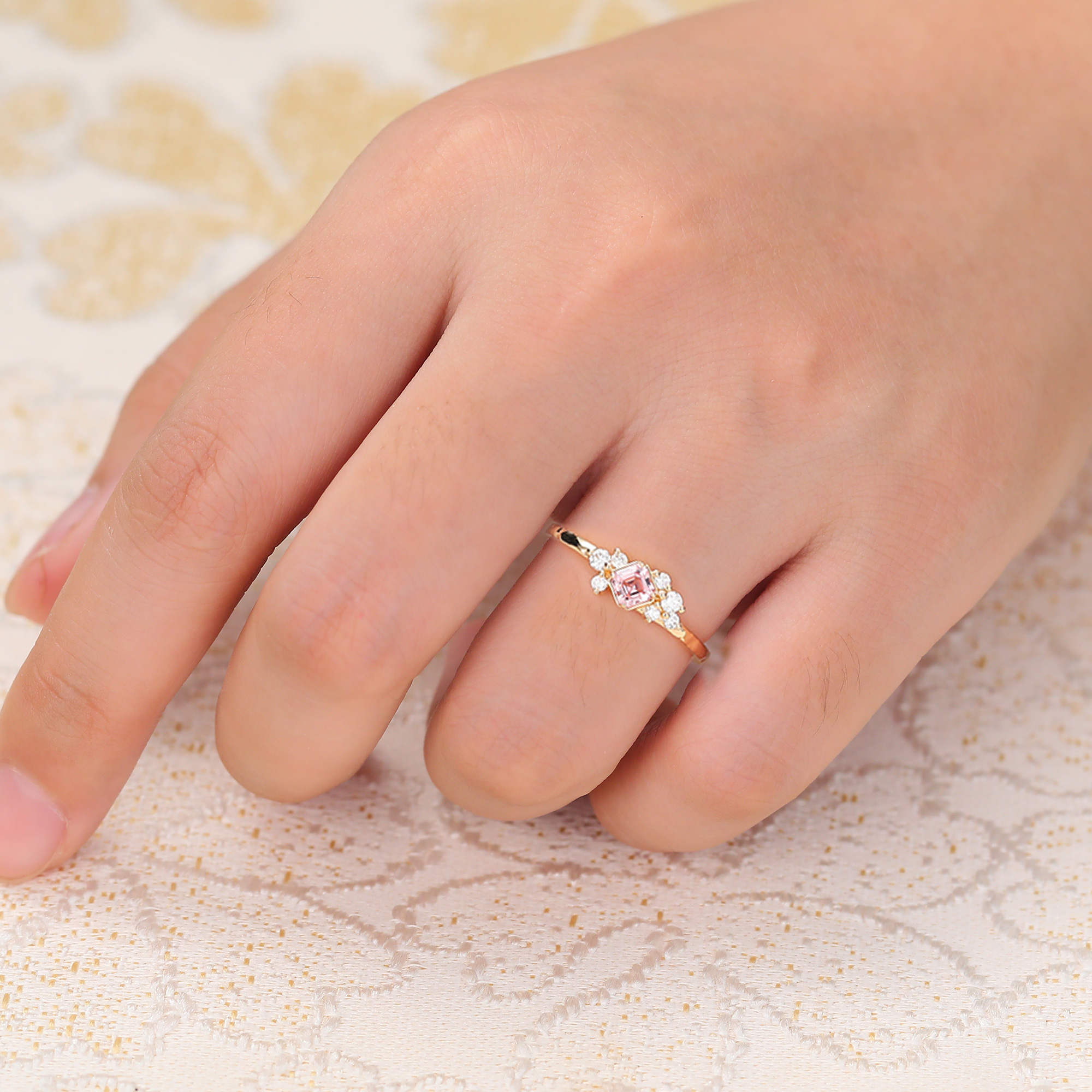 Juyoyo Asscher Cut Pink Sapphire Engagement Ring Diamond Cluster Promise Ring Yellow Gold