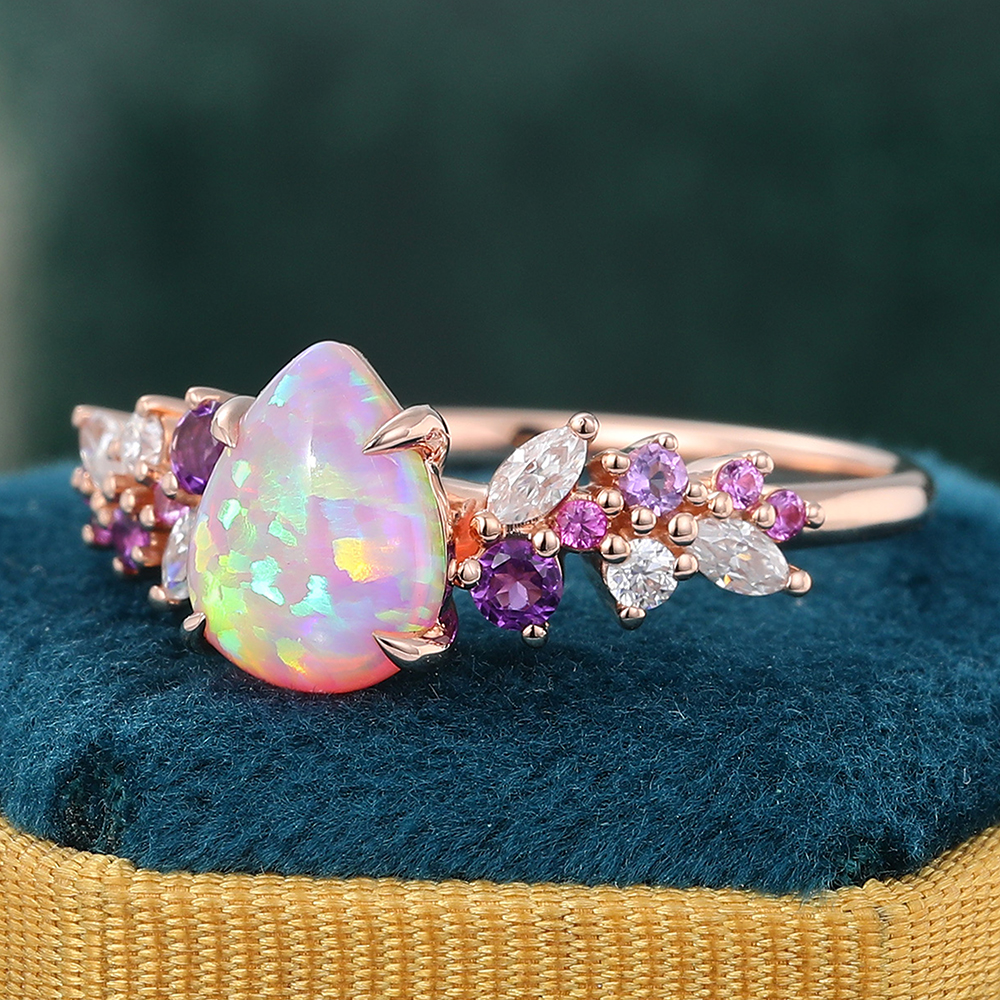 Juyoyo Pear Shaped Pink Opal Engagement Ring Sapphire Amethyst Moissanite Accents Wedding Ring