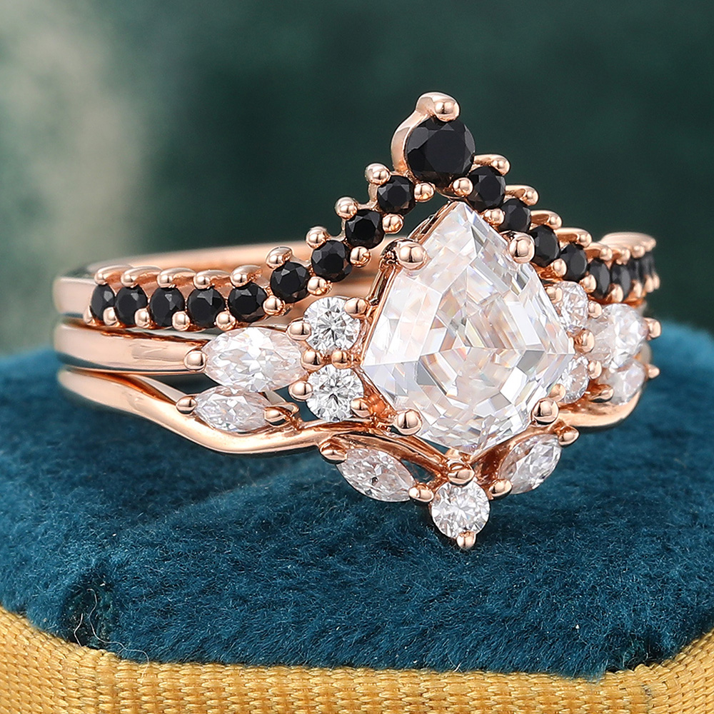Juyoyo Shield Shaped Moissanite Bridal Ring Set Black Onyx Engagement Ring Set - 3pcs