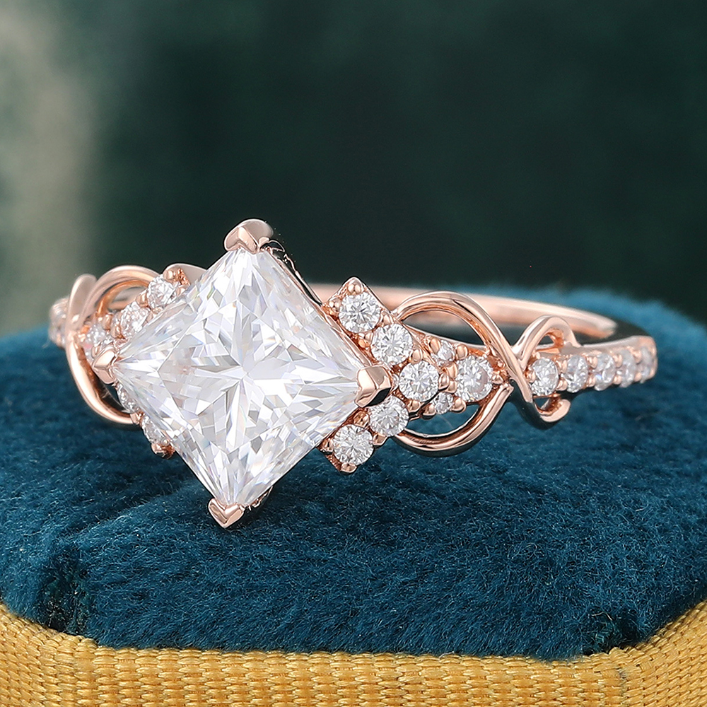 Juyoyo Art Deco Princess Cut Moissanite Engagement Ring Infinity Promise Pavé Diamond Ring Rose Gold