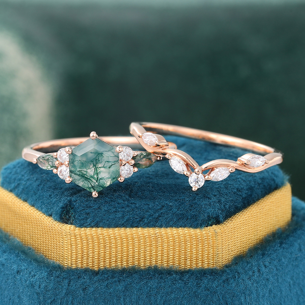 Juyoyo Hexagon Cut Moss Agate Ring with Matching Curved Wedding Band - 2PCS Bridal Ring Set
