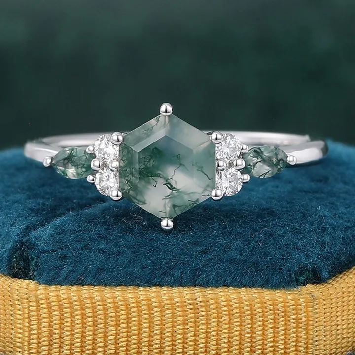 White Gold Hexagon Cut Moss Agate Engagement Rings with Diamond Accents Promise Ring