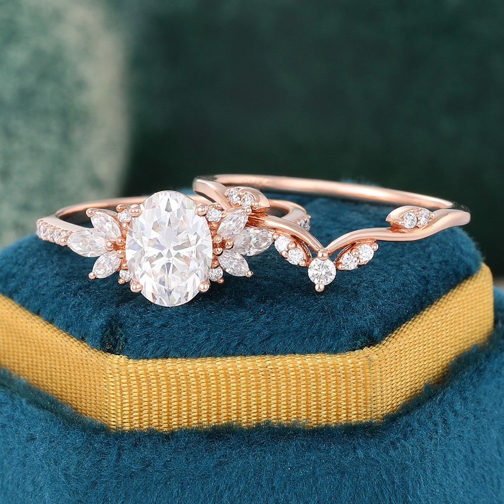 Juyoyo Oval Moissanite Engagement Ring Set Rose Gold Vintage Diamond Bridal Ring Set Women - 2pcs