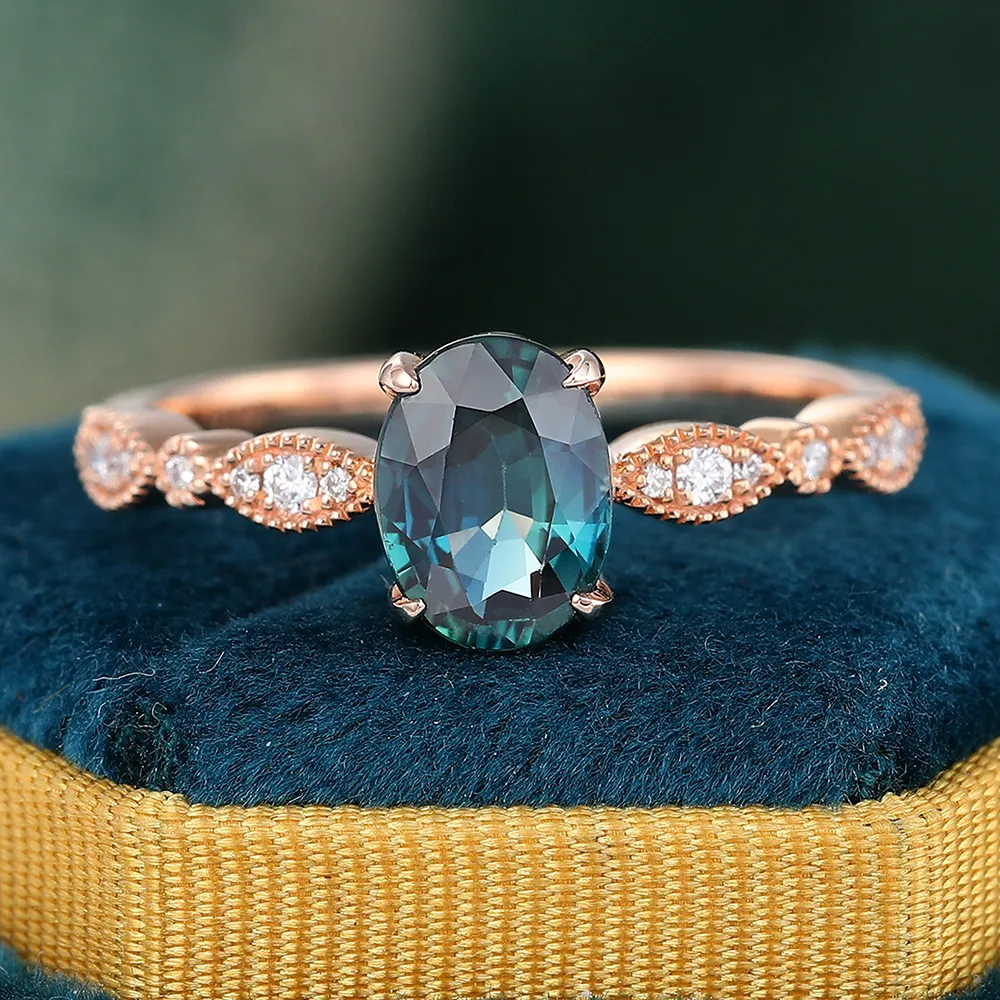 Oval Green Blue Sapphire Engagement Ring Moissanite Milgrain Bridal Ring