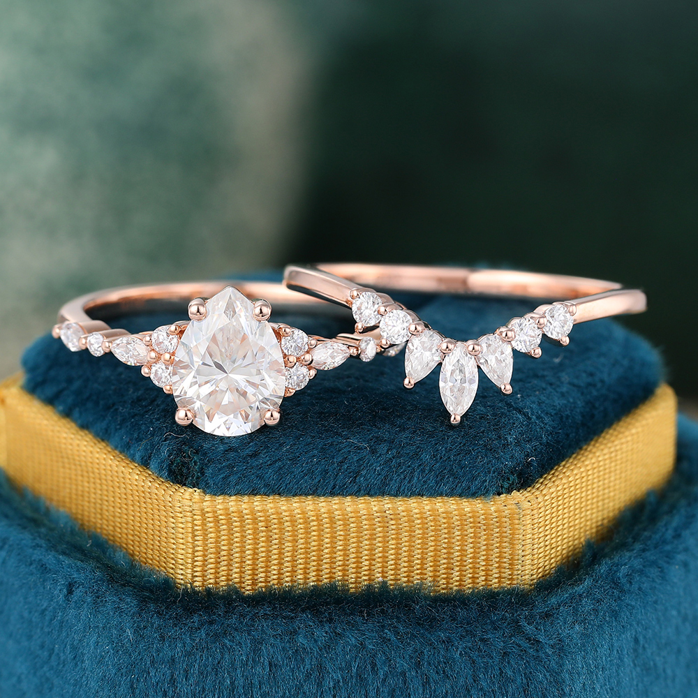 Juyoyo Oval Moissanite Engagement Set Vintage Rose Gold Moissanite Wedding Set for Women - 2pcs