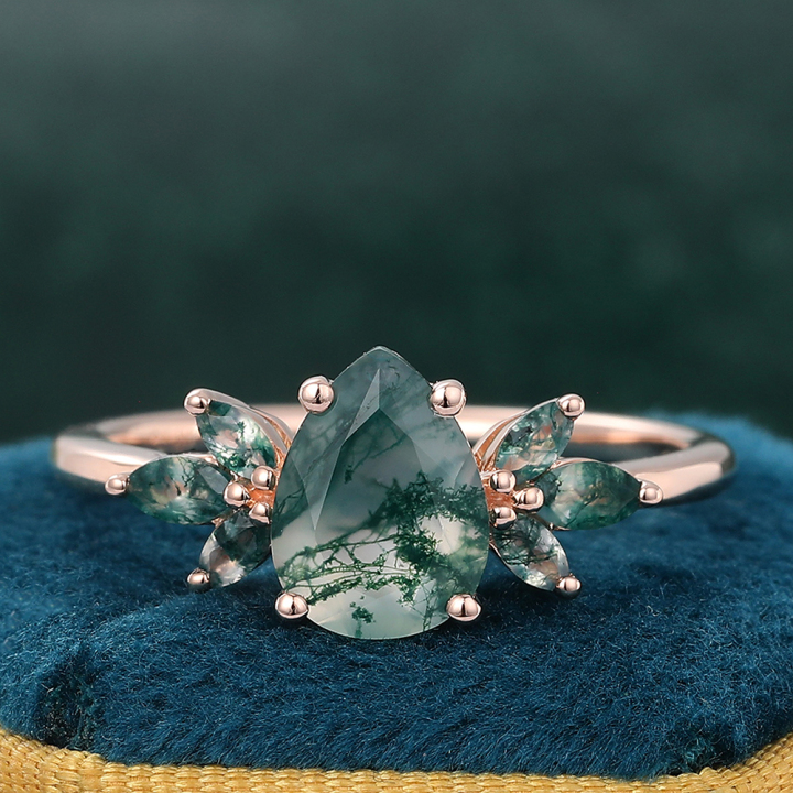 Pear Cut Moss Agate Engagement Ring with Marquise Moss Agate Accents