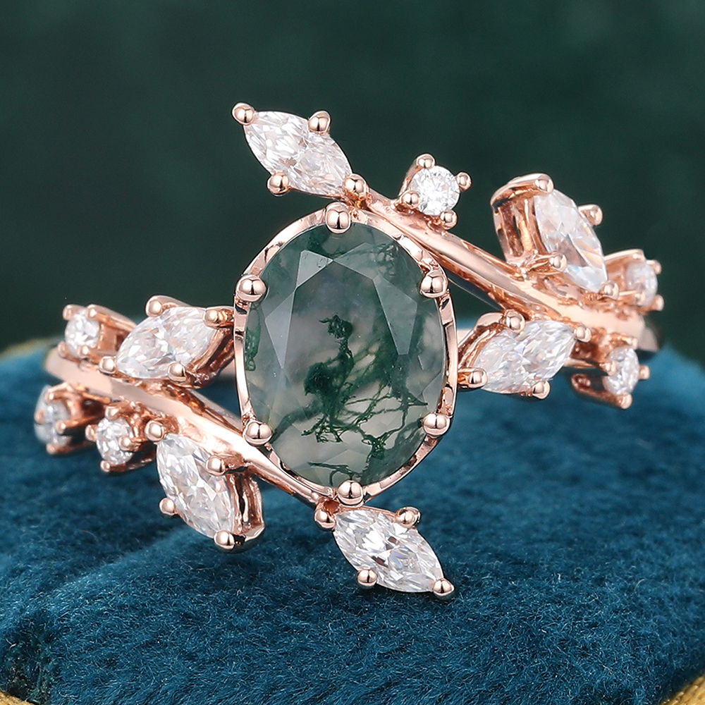 Juyoyo Oval Cut Moss Agate Twig Engagement Ring with Moissanite Leaf Accents
