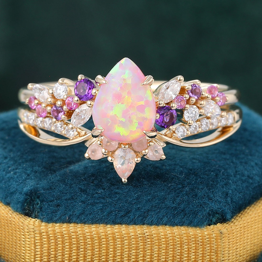 14K Gold Vintage Lab Pink Opal Bridal Ring Set - 2pcs