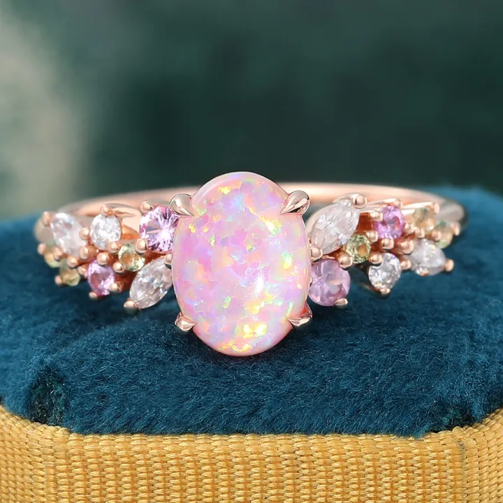 Oval Cut Pink Opal Engagement Ring with Sapphire & Peridot Sidestones 14K Rose Gold