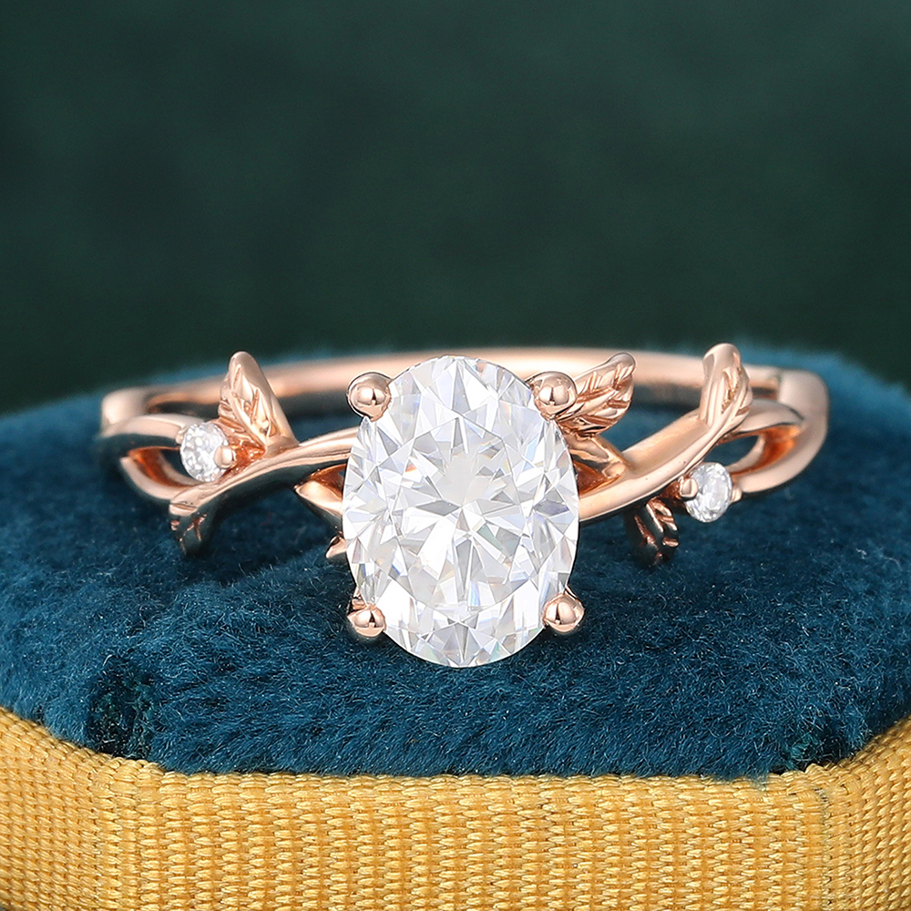 Juyoyo Oval Cut Three Stone Moissanite Engagement Ring Vine Nature Inspired Ring 14K Rose Gold