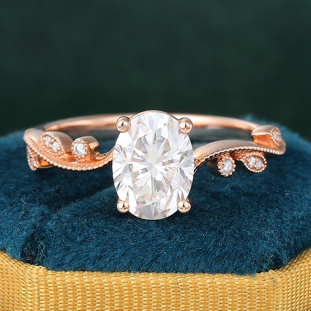 Juyoyo Vintage Oval Moissanite Engagement Ring Wave Diamond Wedding Ring in 14K Rose Gold
