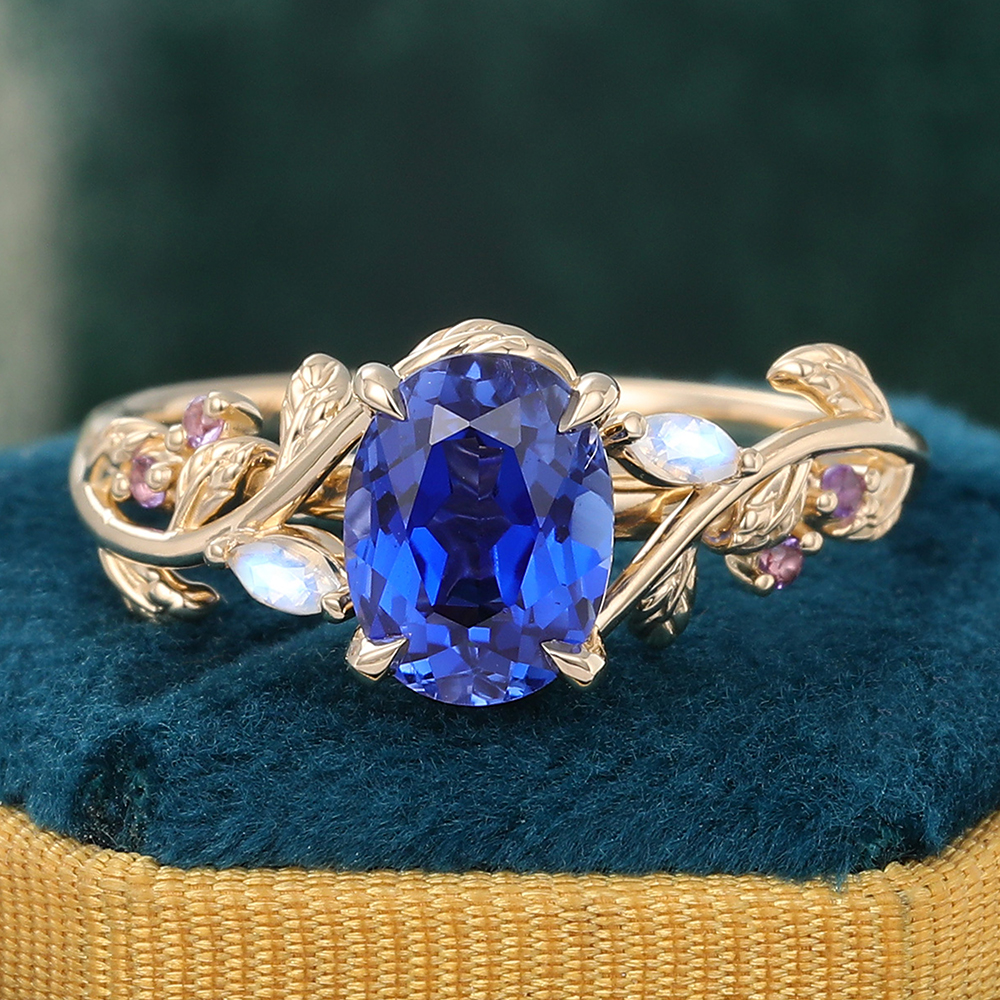 Juyoyo Unique Oval Cut Blue Sapphire Engagement Ring Nature Inspired Promise Ring 14K Yellow Gold