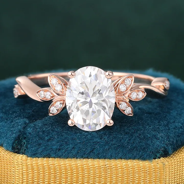 Vintage Oval Cut Moissanite and Diamond Engagement Ring Nature Inspire in 14K Rose Gold