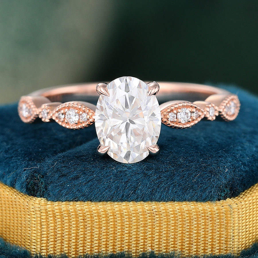 Oval Cut Moissanite Rose Gold Half Eternity Pav&eacute; Engagement Ring