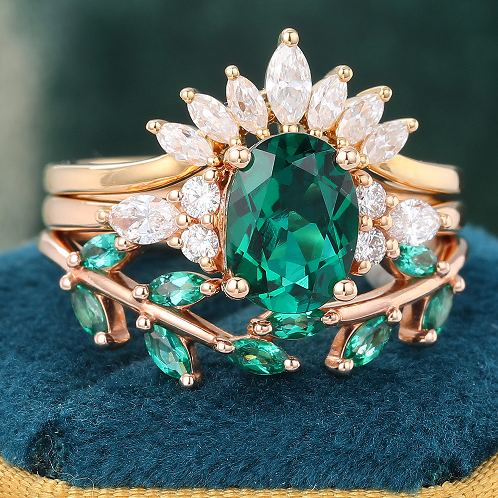 Juyoyo Vintage Emerald and Diamond Wedding Ring Set Nature Inspired Engagement Ring Set - 3pcs