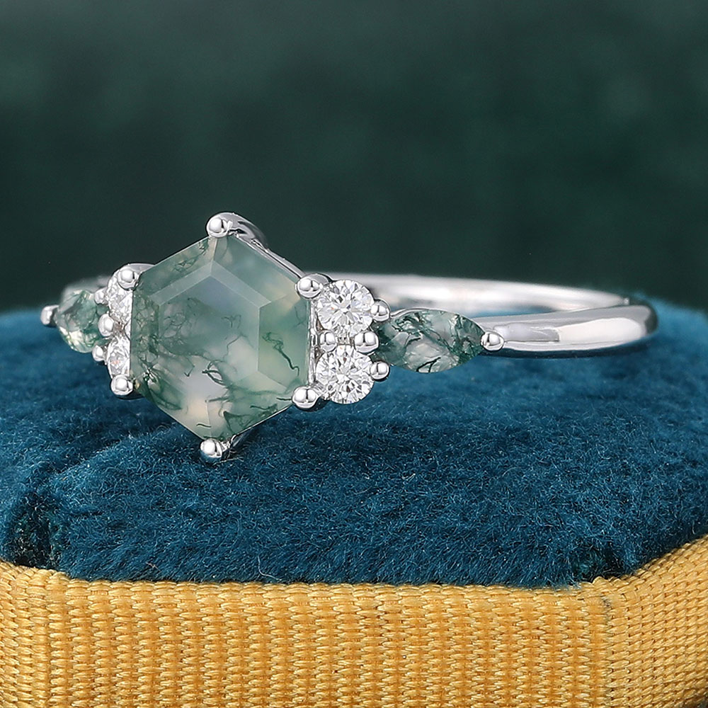 Hexagon Cut Moss Agate Engagement Rings with Diamond Accents Promise Ring in White Gold