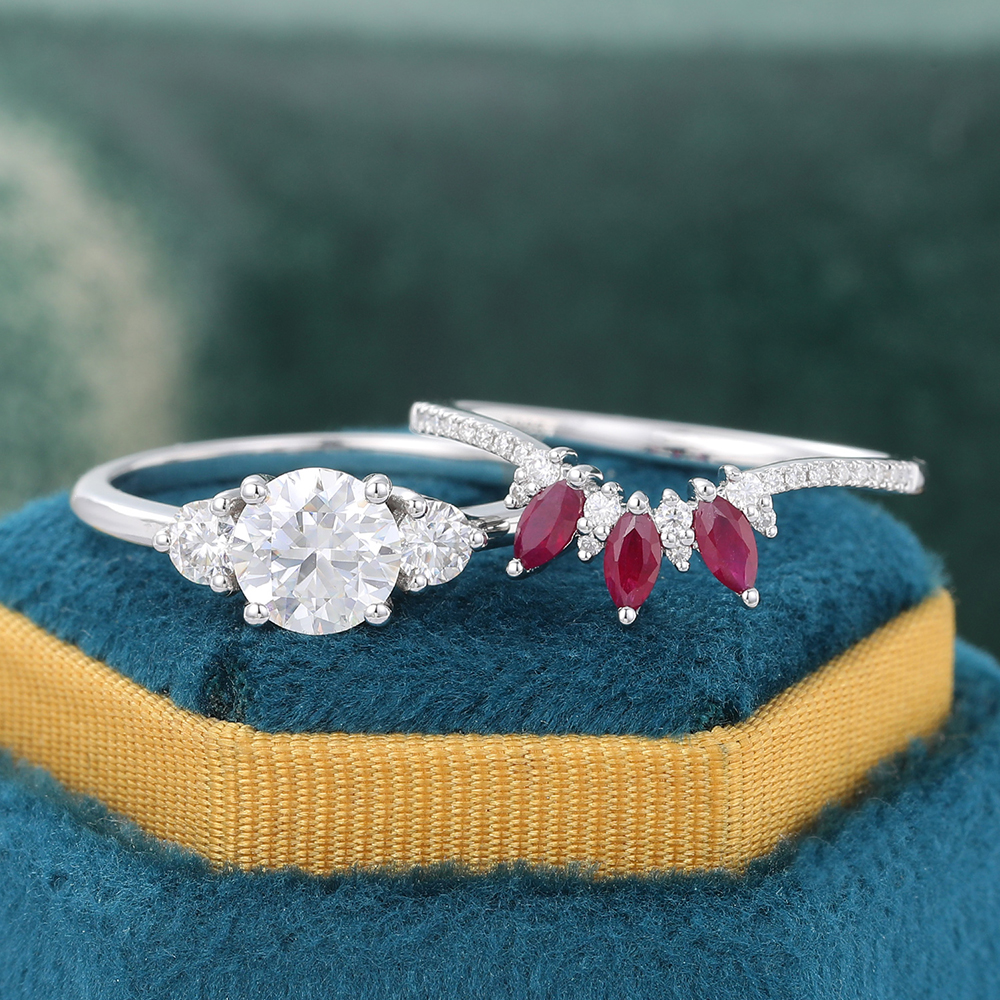 Juyoyo Moissanite Bridal Ring Set with Ruby Wedding Band White Gold Engagement Ring Set - 2pcs