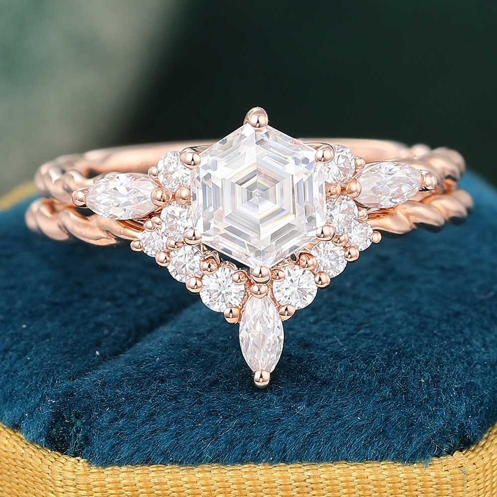 Hexagon Cut Moissanite Twisted Band Engagement Ring Bridal Ring Set - 2pcs