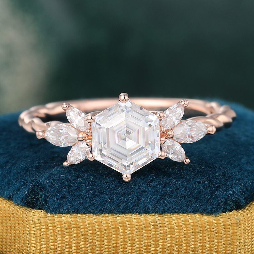 Juyoyo Prong Setting Hexagon Cut Moissanite Twisted Engagement Ring Vintage Rose Gold Bridal Ring