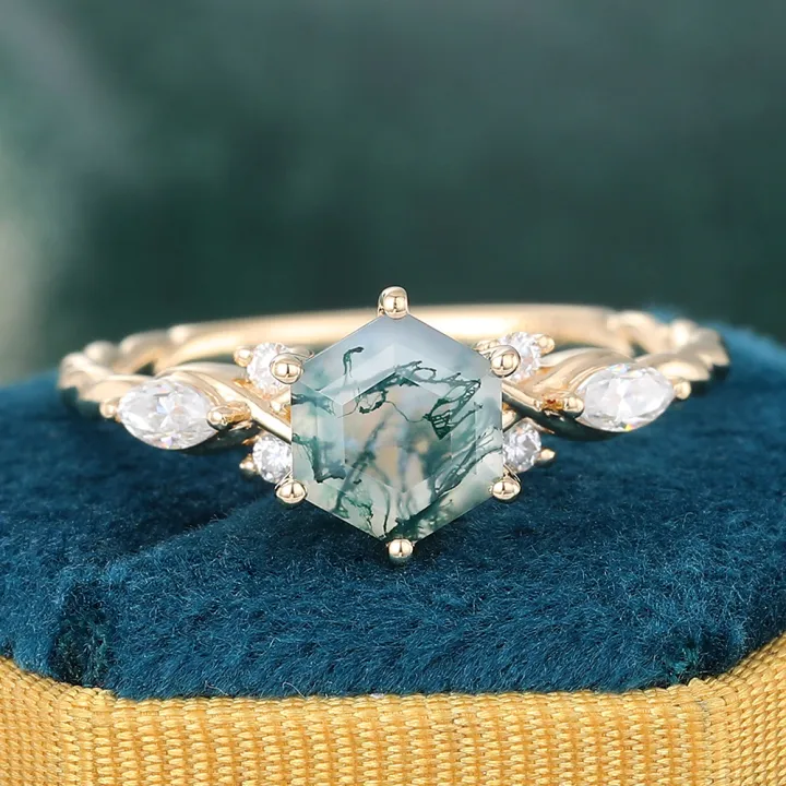 Vintage Hexagon Moss Agate Twisted Engagement Ring with Diamond Accents