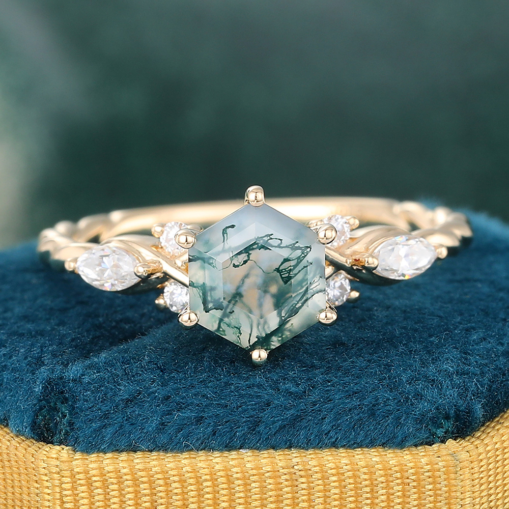 Vintage Hexagon Moss Agate Twisted Engagement Ring with Diamond Accents