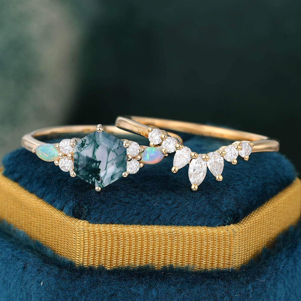 Juyoyo Juyoyo 14K Yellow Gold Hexagon Cut Moss Agate Wedding Ring Set - 2pcs Bridal Ring Set
