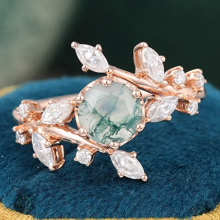 Juyoyo Nature Inspired Round Moss Agate Ring Rose Gold